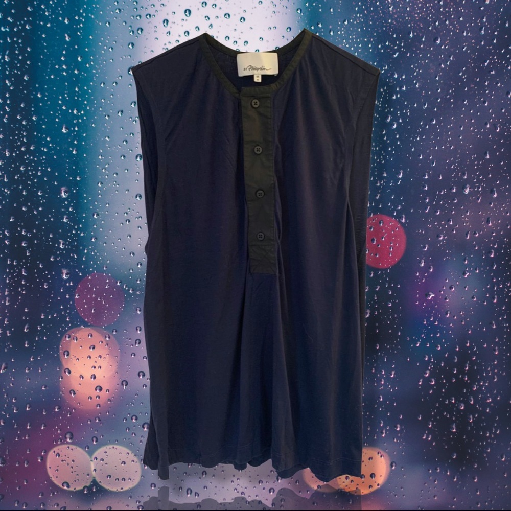 3.1 PHILLIP LIM • City Slick Dark Blue Sleeveless Top, Black Collar